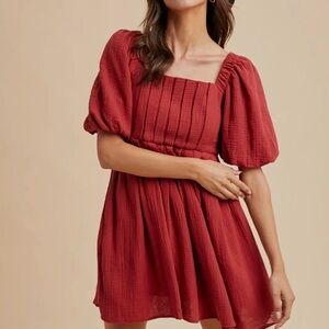 Elegant Red Puff Sleeve Dress